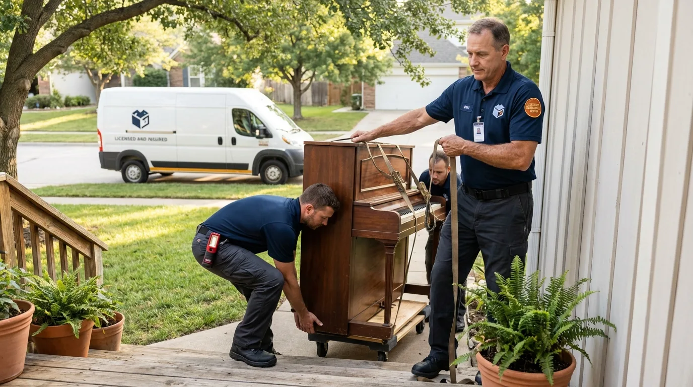 Licensed piano movers securing grand piano in Shenandoah, VA