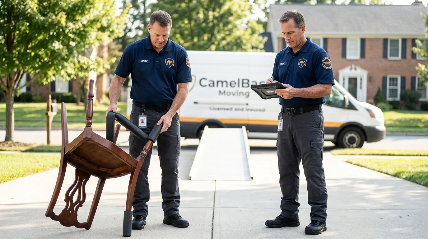 Movers inspecting furniture for damage prevention before loading in Shenandoah, VA