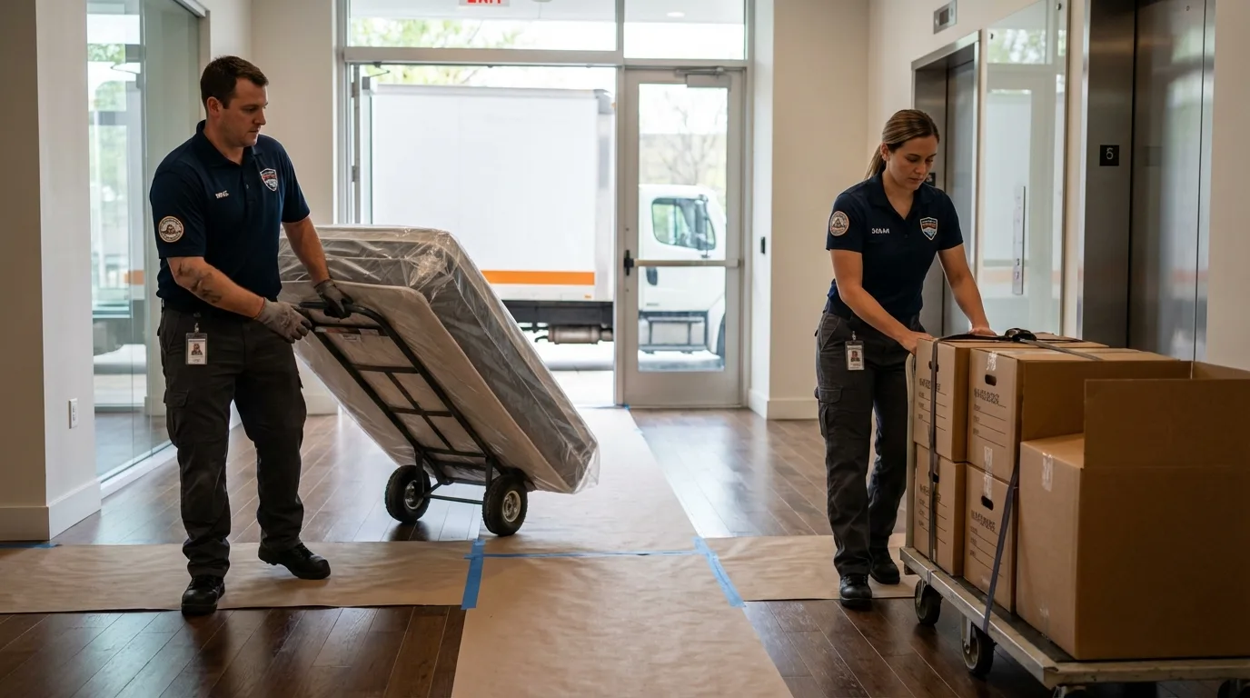 Professional apartment movers loading elevator in Shenandoah, VA